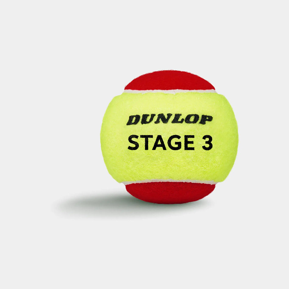 A Dunlop Stage 3 Tennis Ball with yellow and red panels and "DUNLOP STAGE 3" in black text, ideal for young children or beginner training, is shown from the Dunlop Stage 3 Tennis Balls - Box of 12, against a plain white background.