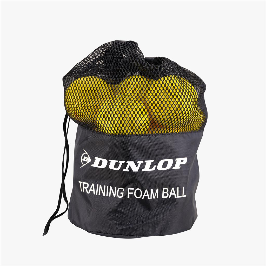 A black mesh drawstring bag labeled "Dunlop" holds 12 bright yellow Dunlop Training Foam Tennis Balls, perfect for kids’ tennis and easily visible through the mesh.