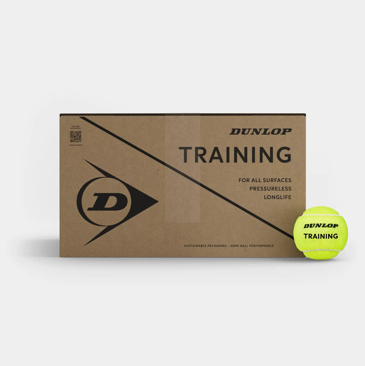 A Dunlop Trainer Tennis Ball lies next to a brown Dunlop Trainer Tennis Ball (6 Dozen Box), both featuring the Dunlop logo. These pressureless balls are long-lasting, suitable for all surfaces, and perfect for tennis coaching. Brand: Dunlop.