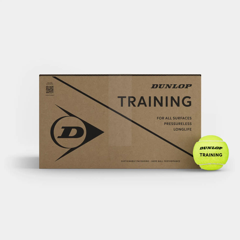A Dunlop Trainer Tennis Ball lies next to a brown Dunlop Trainer Tennis Ball (6 Dozen Box), both featuring the Dunlop logo. These pressureless balls are long-lasting, suitable for all surfaces, and perfect for tennis coaching. Brand: Dunlop.