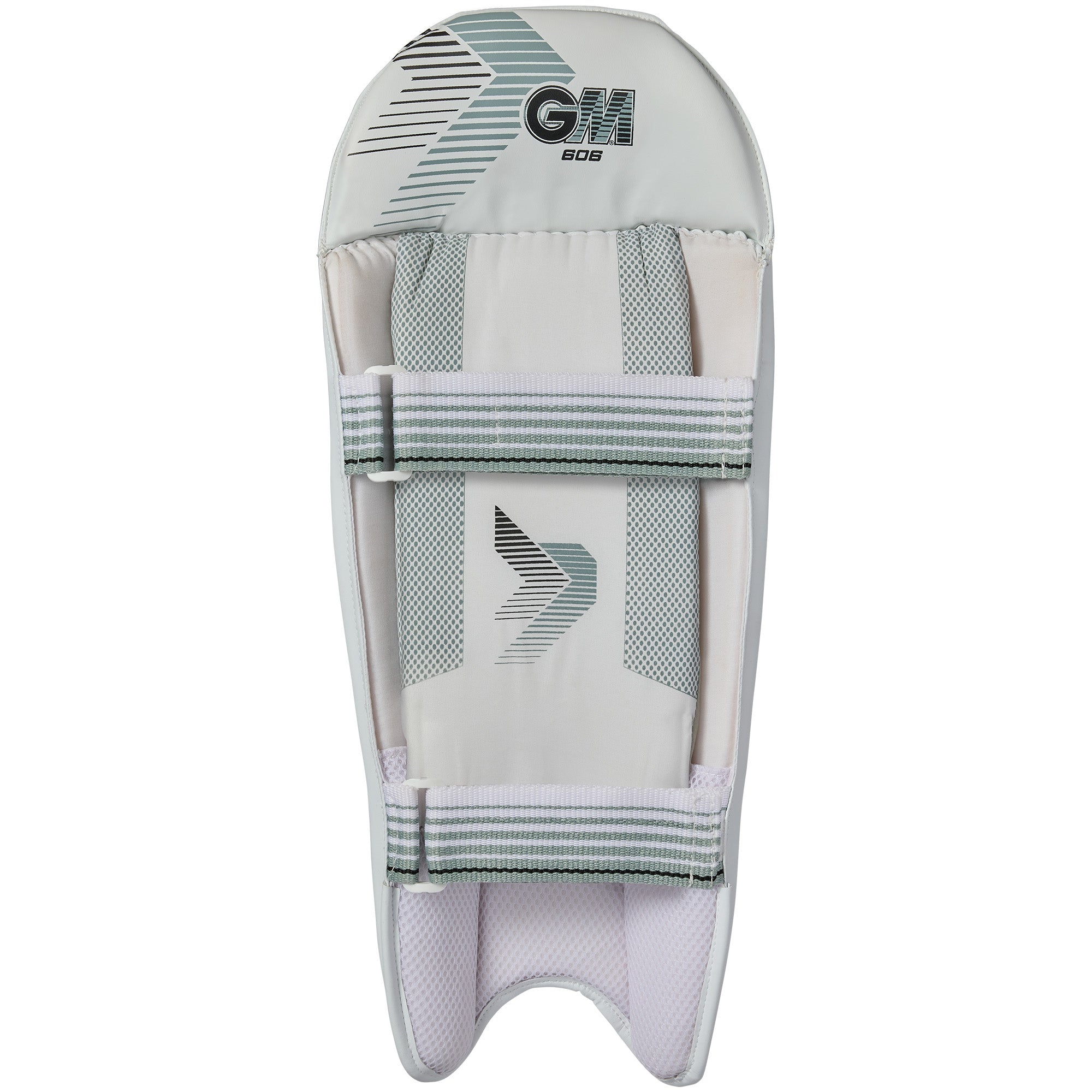 The Gunn & Moore 606 Wicket Keeping Pads 2026 feature white and grey padded sections, two adjustable straps, the GM logo at the top, and are lightweight for comfort and a secure fit.