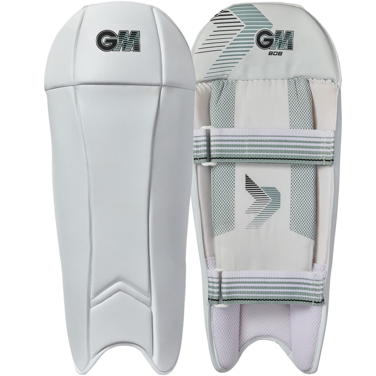The Gunn & Moore 606 Wicket Keeping Pads 2026 are lightweight pads featuring the GM logo, a smooth front with minimal design, and a padded back with adjustable straps for secure fit and comfort.