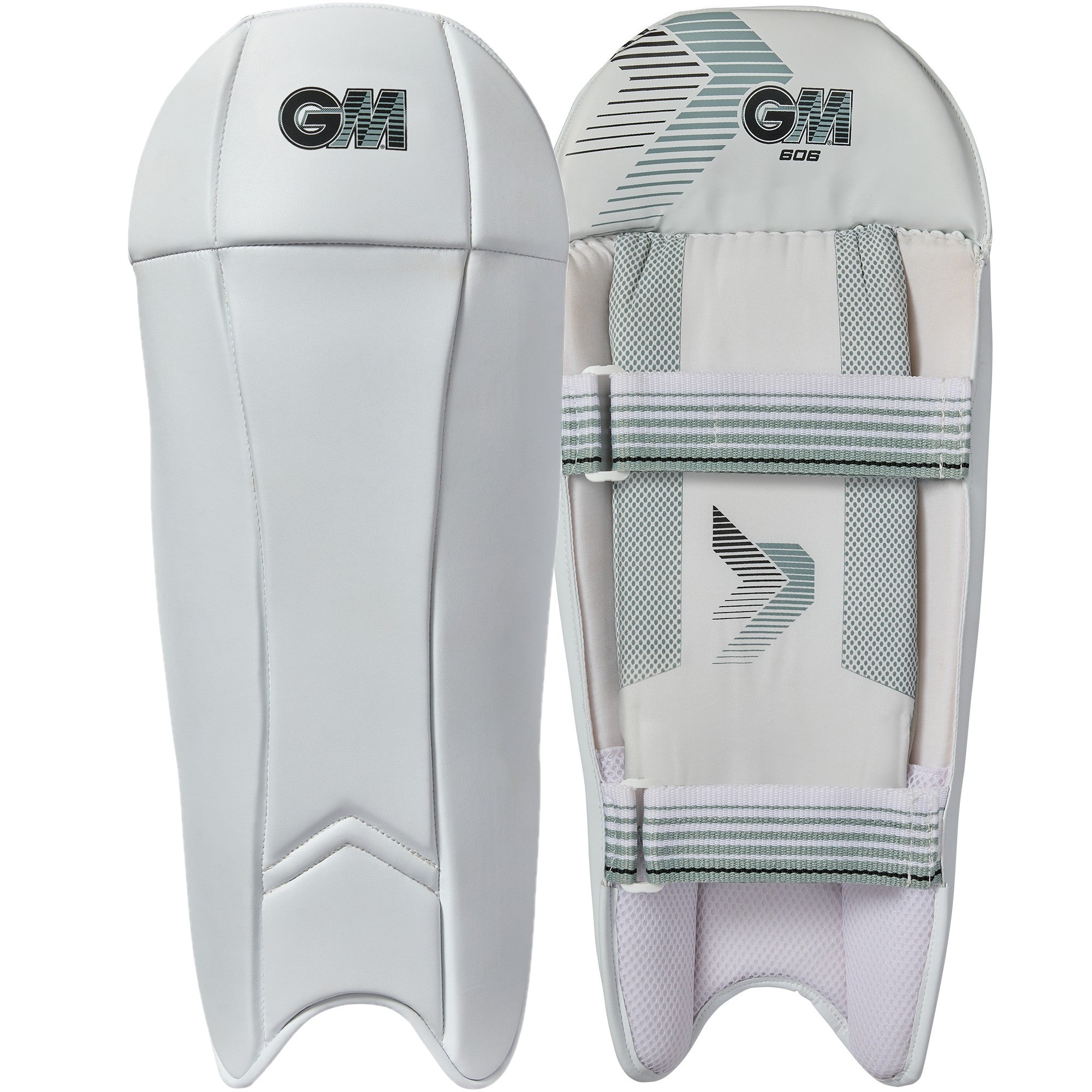 The Gunn & Moore 606 Wicket Keeping Pads 2026 are lightweight pads featuring the GM logo, a smooth front with minimal design, and a padded back with adjustable straps for secure fit and comfort.