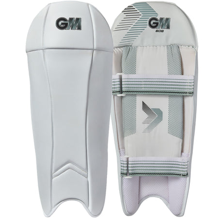 The Gunn & Moore 606 Wicket Keeping Pads 2026 are lightweight pads featuring the GM logo, a smooth front with minimal design, and a padded back with adjustable straps for secure fit and comfort.