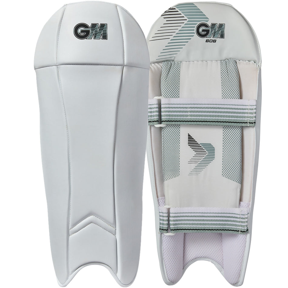 The Gunn & Moore 606 Wicket Keeping Pads 2026 are lightweight pads featuring the GM logo, a smooth front with minimal design, and a padded back with adjustable straps for secure fit and comfort.
