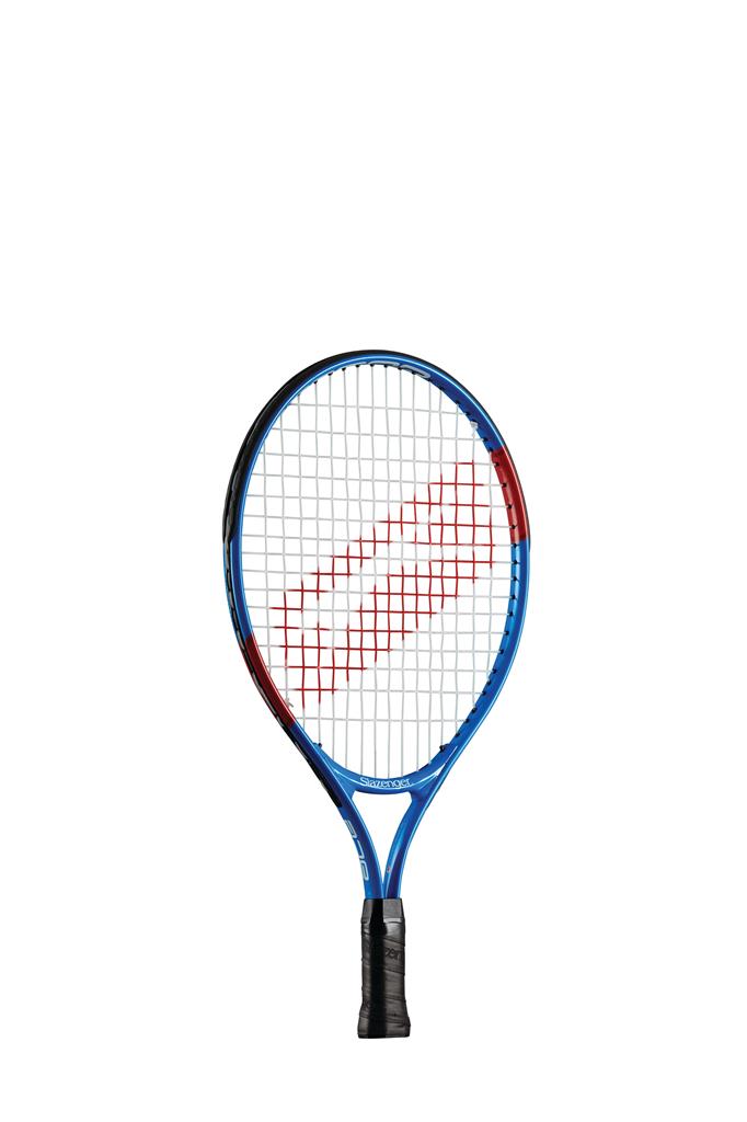 The Slazenger Ace 19" Tennis Racket, featuring a blue and black frame, black grip, and red string detailing, is displayed upright against a white background.