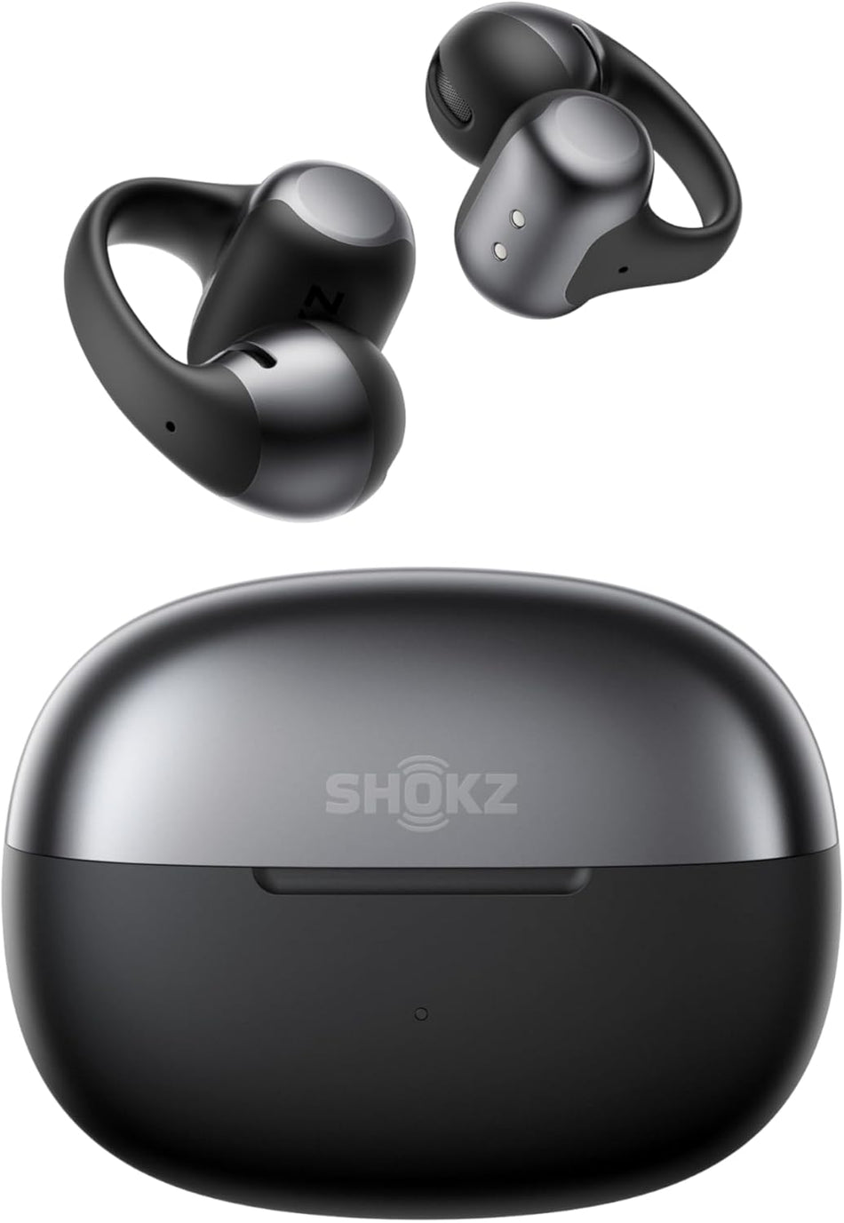 A pair of black Shokz OpenDots One wireless earbuds with ear hooks hovers above a matching black charging case labeled Shokz.