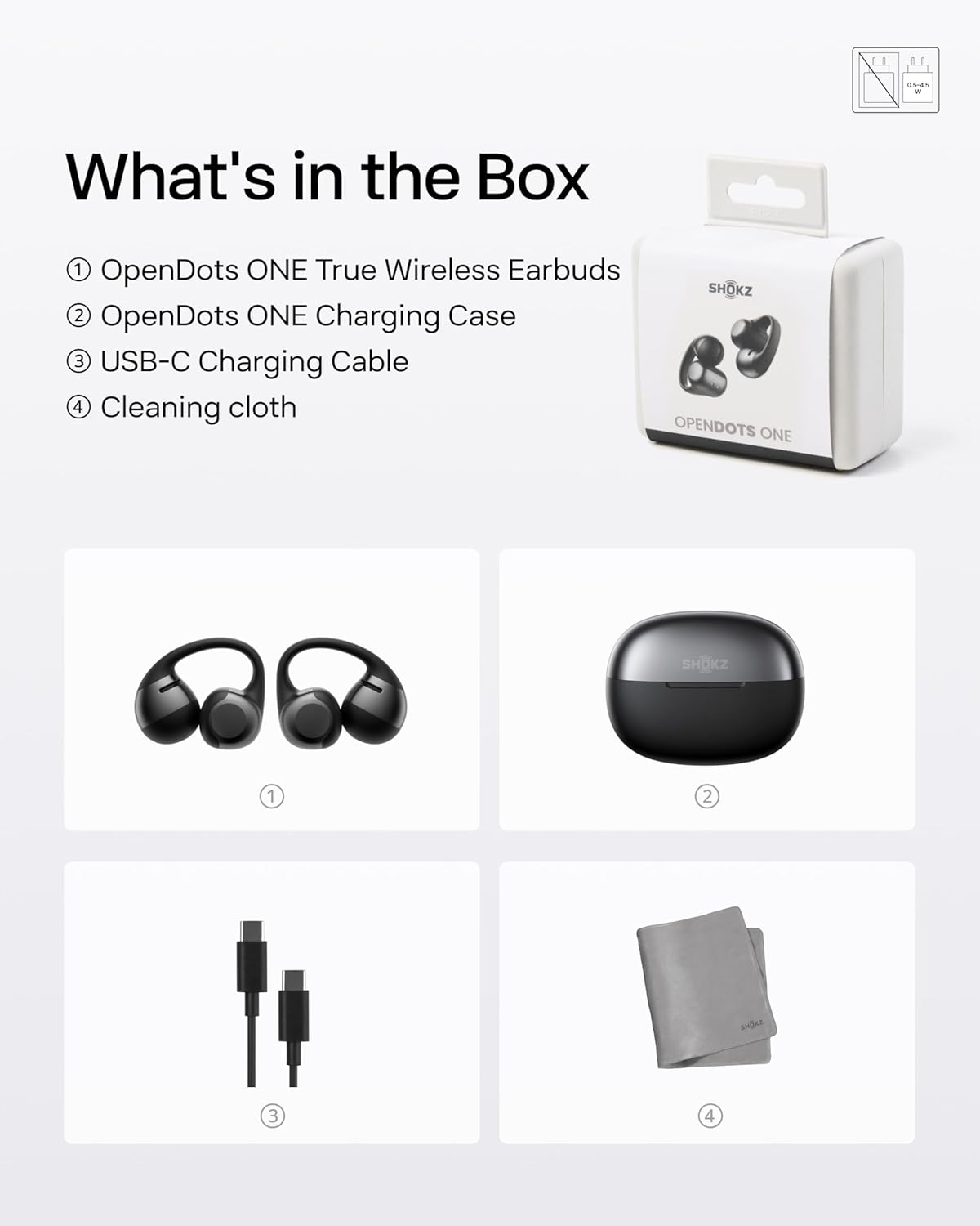 Image displays the Shokz OpenDots One box contents: open-ear earbuds, charging case, USB-C cable, and cleaning cloth—all from Shokz. Each item is shown and numbered with a description for an immersive audio experience.