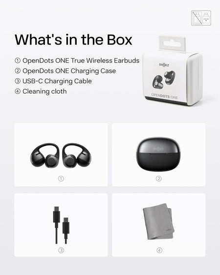 Image displays the Shokz OpenDots One box contents: open-ear earbuds, charging case, USB-C cable, and cleaning cloth—all from Shokz. Each item is shown and numbered with a description for an immersive audio experience.