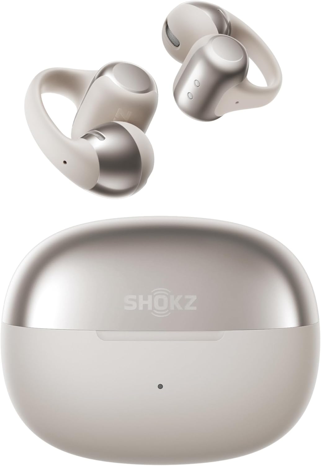 A pair of grey Shokz OpenDots One open-ear earbuds with ear hooks are pictured above a matching charging case featuring the Shokz logo, delivering an immersive audio experience.