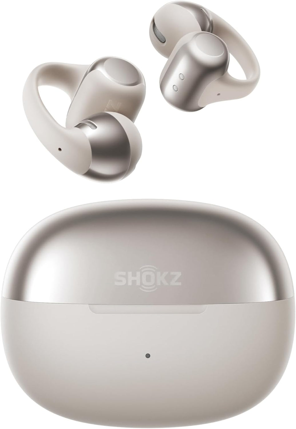 A pair of grey Shokz OpenDots One open-ear earbuds with ear hooks are pictured above a matching charging case featuring the Shokz logo, delivering an immersive audio experience.