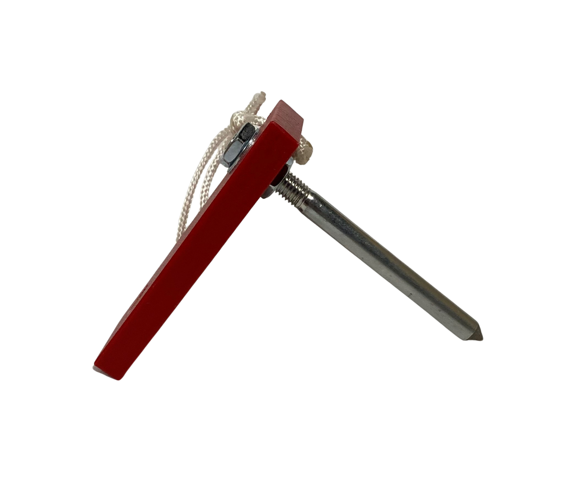 The Fusion Multi-Stump Spike HG (Hard Ground) by Fusion is a metal rod with a pointed tip, a red rectangular handle secured by a bolt, and a looped white cord—shown on a white background—ideal for use in hard ground.
