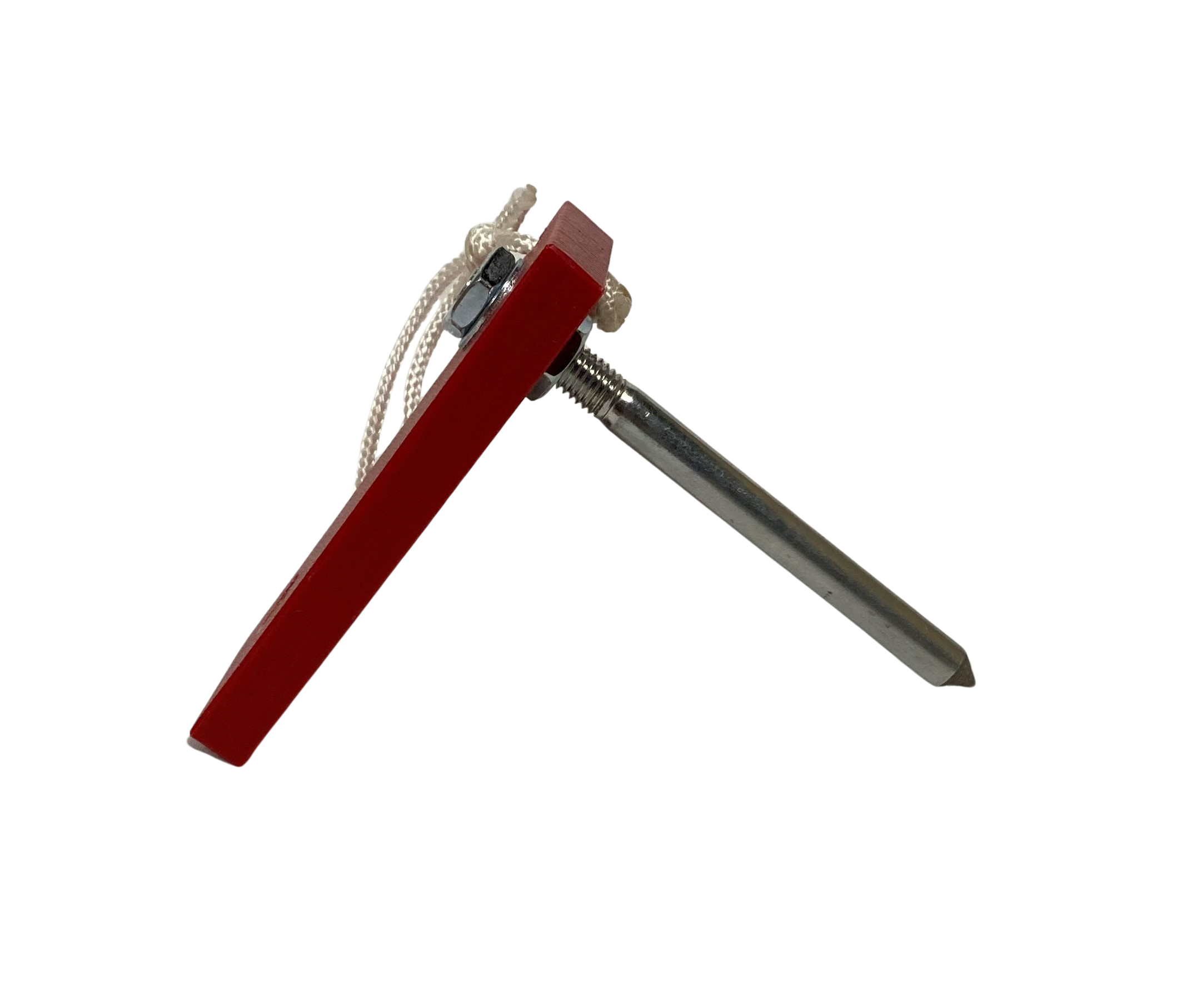 The Fusion Multi-Stump Spike HG (Hard Ground) by Fusion is a metal rod with a pointed tip, a red rectangular handle secured by a bolt, and a looped white cord—shown on a white background—ideal for use in hard ground.