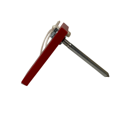 The Fusion Multi-Stump Spike HG (Hard Ground) by Fusion is a metal rod with a pointed tip, a red rectangular handle secured by a bolt, and a looped white cord—shown on a white background—ideal for use in hard ground.