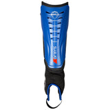 The Grays Shield Shinguard in blue features a protective plastic shell, shock-absorbing black fabric padding, ankle protection, ventilation slots, and a bottom hook-and-loop elastic strap.