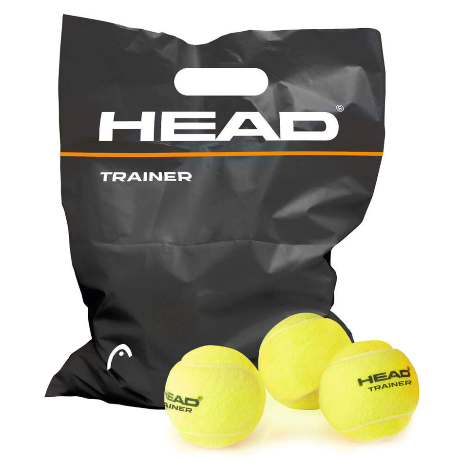 A black Head Trainer polybag with a handle cutout is displayed behind three yellow Head Trainer Tennis Balls—ideal for tennis training.