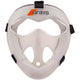 The Grays Hockey Facemask features a clear polycarbonate shell, black straps, and an orange Grays logo at the top, offering sports and short corner protection.