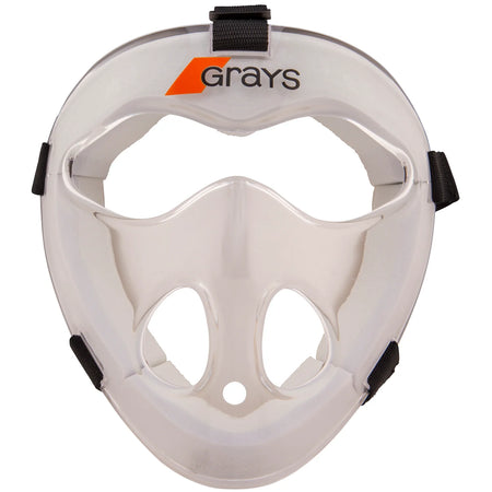 The Grays Hockey Facemask features a clear polycarbonate shell, black straps, and an orange Grays logo at the top, offering sports and short corner protection.