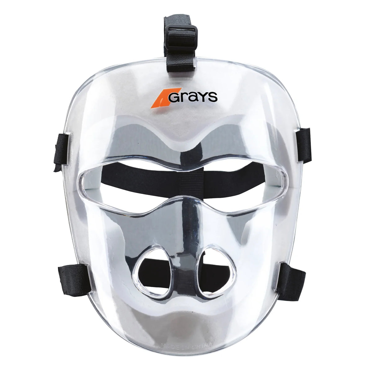 The Grays Hockey Facemask by Grays features a clear polycarbonate shell, black straps, and an orange and black Grays logo at the top, designed for sports safety and short corner protection.