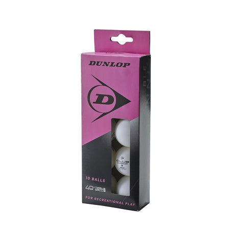 The Dunlop 40+ Table Tennis Balls (10) feature a purple and black box with the Dunlop logo and a front window showing 10 white balls—perfect for training sessions.