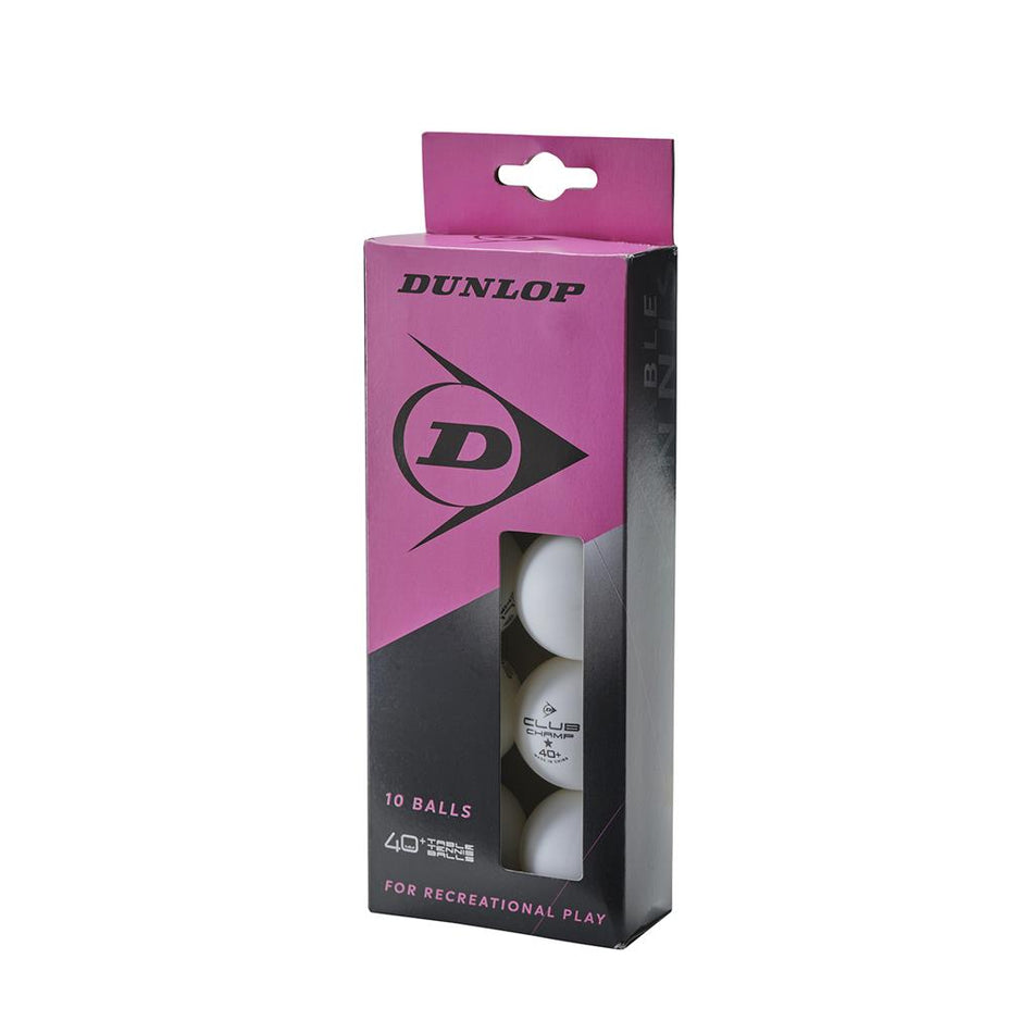 The Dunlop 40+ Table Tennis Balls (10) feature a purple and black box with the Dunlop logo and a front window showing 10 white balls—perfect for training sessions.