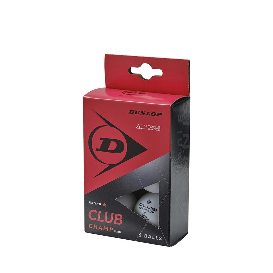The Dunlop 40+ Club Champ Table Tennis Ball (6) features six white balls in a red and black Dunlop box, ideal for club play, with clear branding and product details displayed on the packaging.