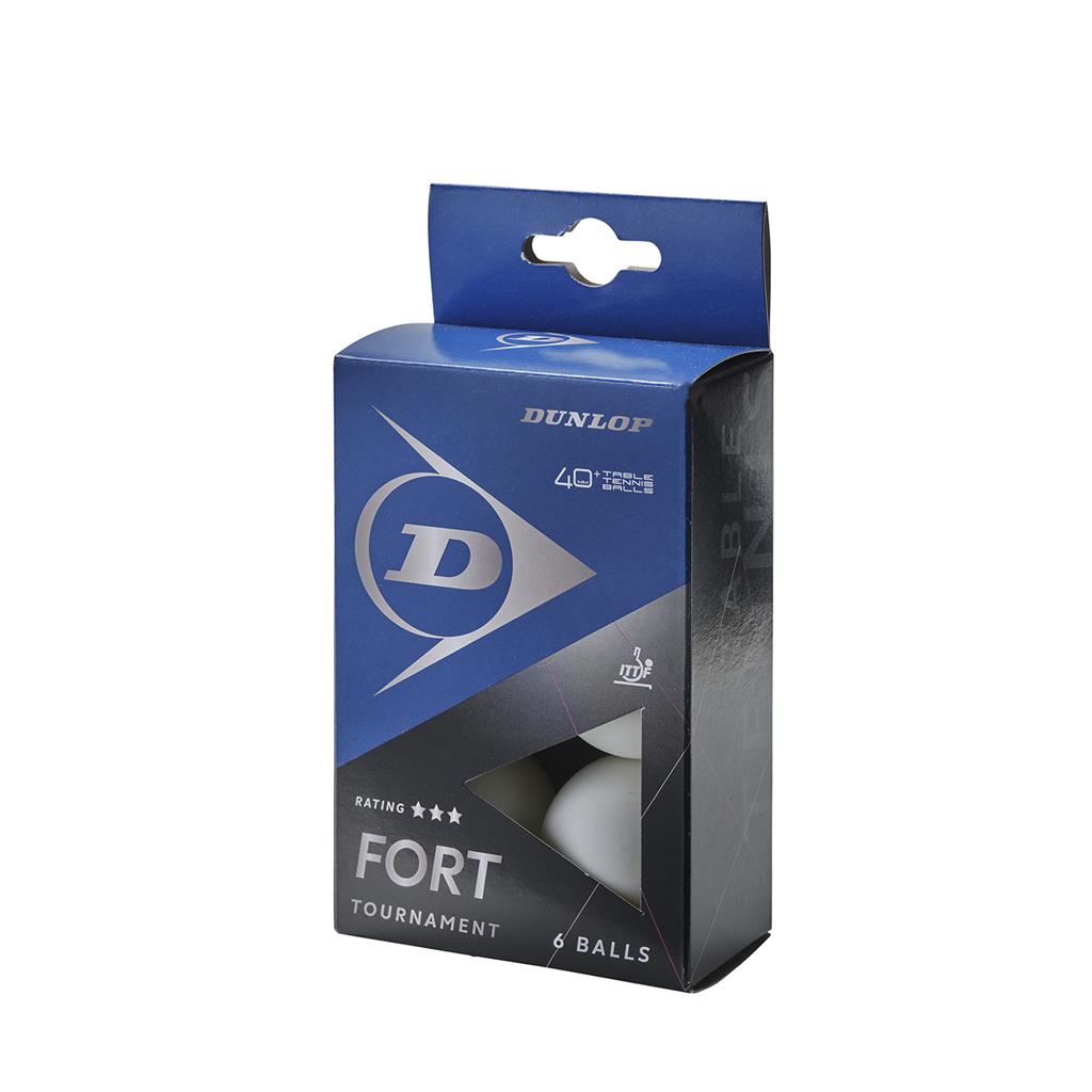 A blue and black Dunlop Fort Tournament Table Tennis Ball (6) box displays a white ball through a window. This ITTF-approved, 3-star rated pack is ideal for any tournament match.