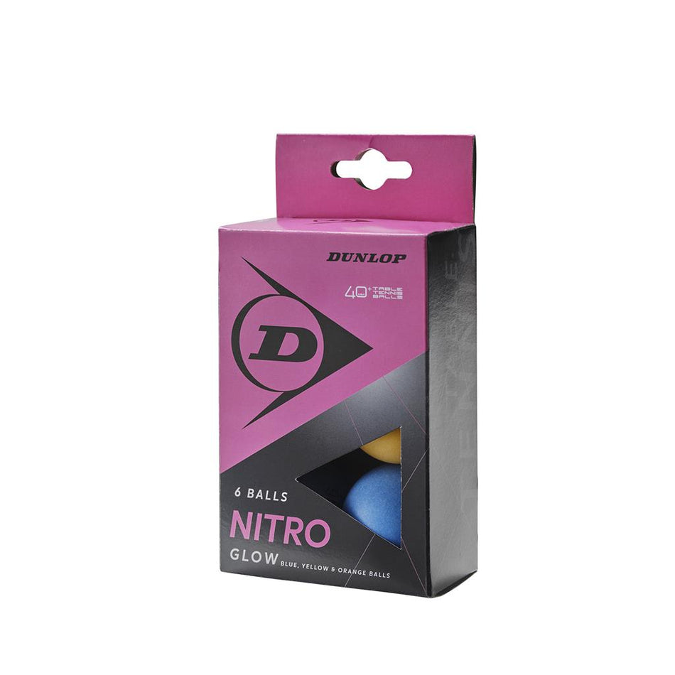 The Dunlop Nitro Glow 6 Ball Packet features high-visibility blue, yellow, and orange balls in a purple and black box with a cutout—ideal for recreational play.