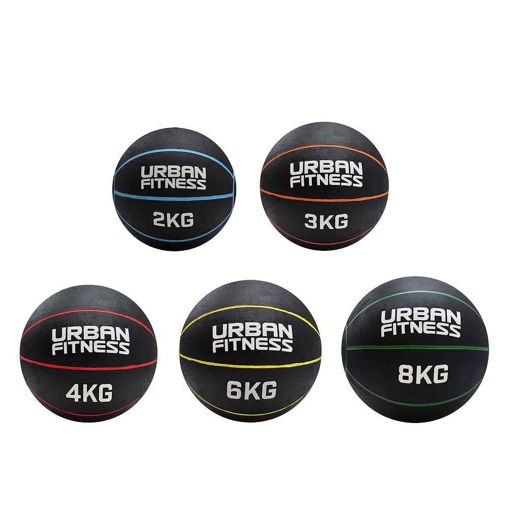 Five Urban Fitness Medicine Balls, each with unique weight labels and colorful stripes—ideal for boosting explosive power and enhancing your functional fitness routines.