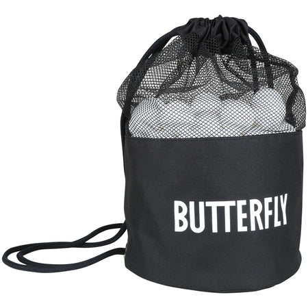 A Butterfly 100 Training Balls carry bag in black, featuring a mesh top and white “BUTTERFLY” branding on the front, perfect for storing your training table tennis balls.