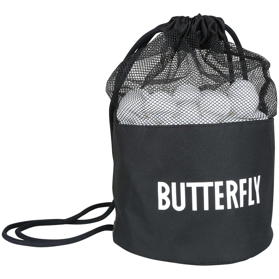 A Butterfly 100 Training Balls carry bag in black, featuring a mesh top and white “BUTTERFLY” branding on the front, perfect for storing your training table tennis balls.