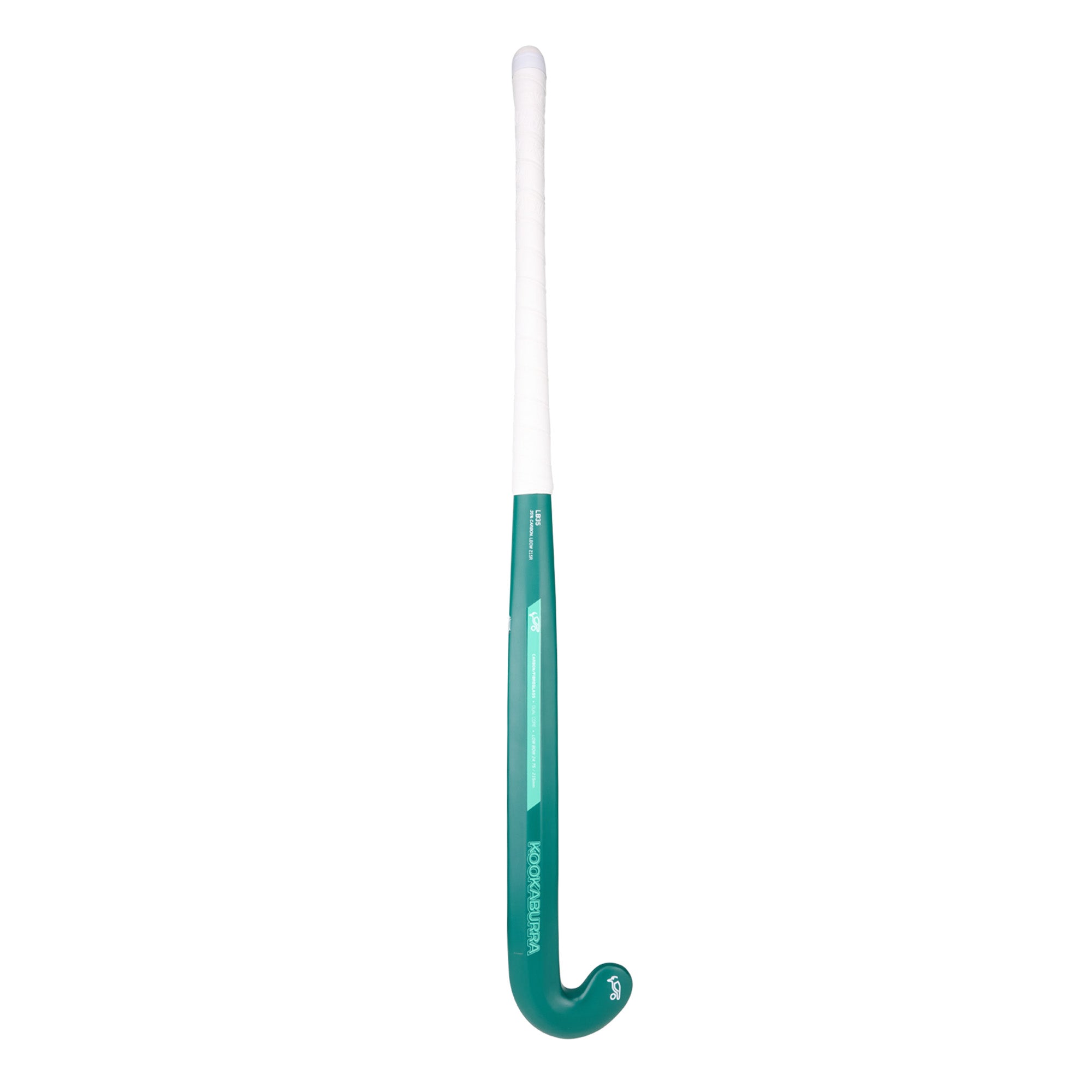 A green and white Kookaburra LB35 L-BOW Hockey Stick 2025 with a curved end and energy edge grip is displayed against a plain white background.