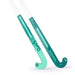 Two green and turquoise Kookaburra LB35 L-BOW Hockey Sticks 2025 with white handles stand upright, showcasing energy edge grip technology, Kookaburra logos, and minimalist designs against a white background.