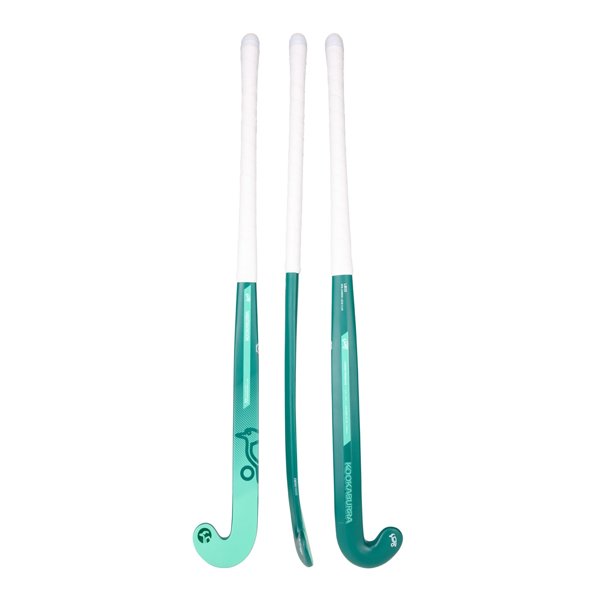 Three green and white Kookaburra LB35 L-BOW Hockey Sticks 2025 stand upright side by side, displaying front, back, and side views against a plain white background to showcase the energy edge grip from every angle.