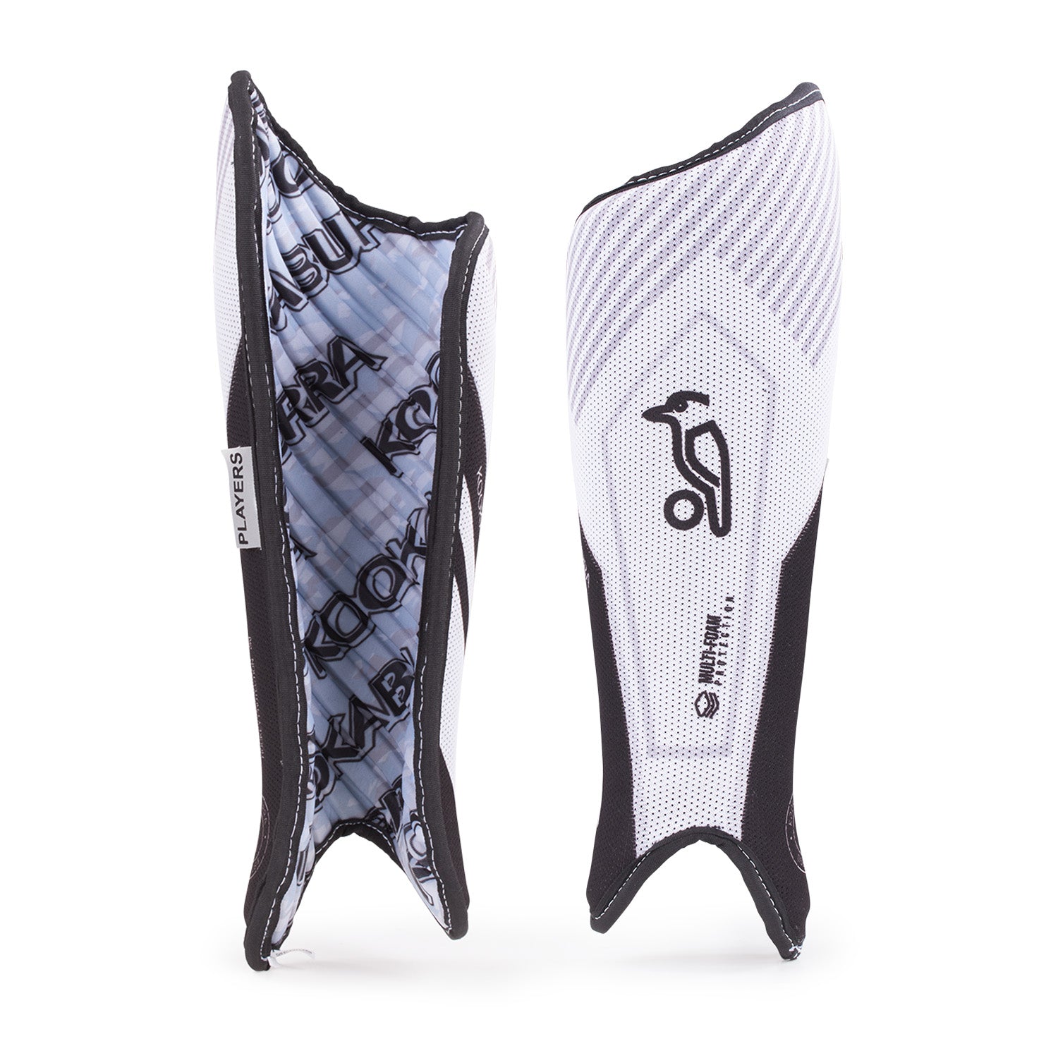 Two Kookaburra Players Shinguards are shown—one displays the front with a wave design and logo, while the other reveals the patterned foam backing and elastic straps.