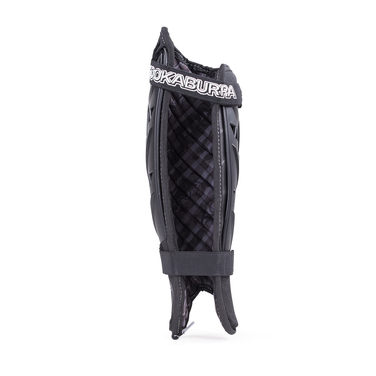 The Kookaburra Pro Spirit Shinguards by Kookaburra are black leg guards featuring quilted inner padding, a foam backing for comfort, and two adjustable straps for a secure fit.