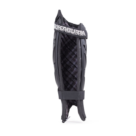The Kookaburra Pro Spirit Shinguards by Kookaburra are black leg guards featuring quilted inner padding, a foam backing for comfort, and two adjustable straps for a secure fit.