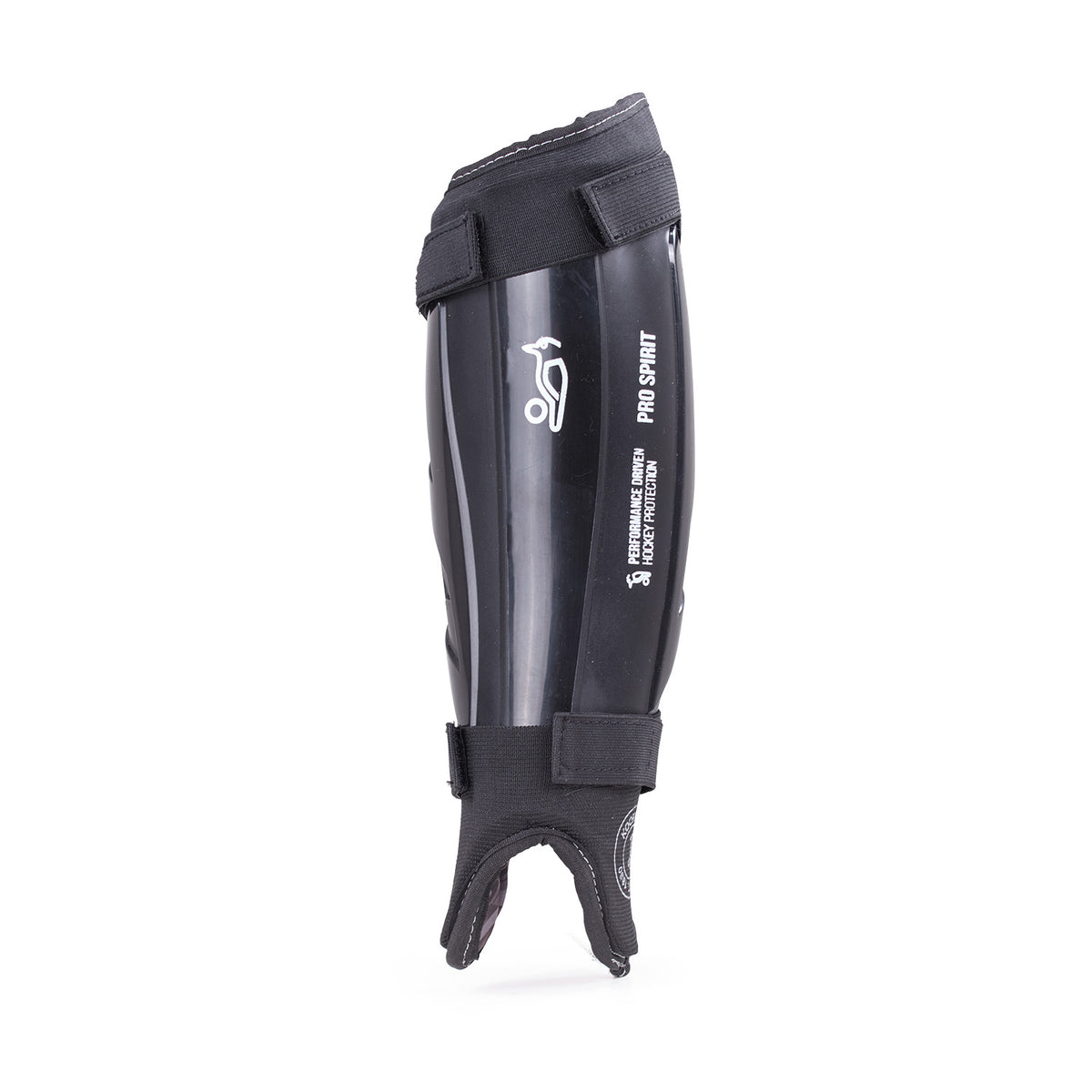 The Kookaburra Pro Spirit Shinguards by Kookaburra feature a black protective shell, adjustable straps, and white branding, shown upright on a white background—designed for sports protection.