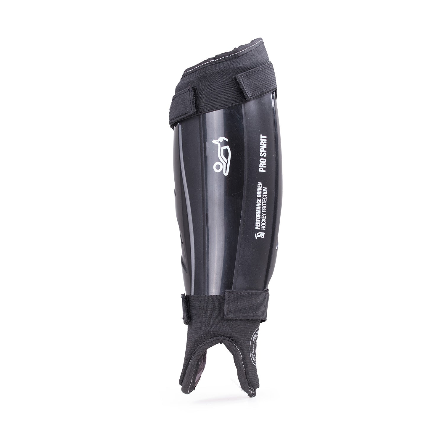 The Kookaburra Pro Spirit Shinguards by Kookaburra feature a black protective shell, adjustable straps, and white branding, shown upright on a white background—designed for sports protection.