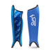 Two blue Kookaburra Convert Shinguards—one displays the patterned blue and white lining with "Kookaburra" inside, the other shows a white kookaburra logo outside. Both feature ergonomic PVC shells and foam backing for comfort.
