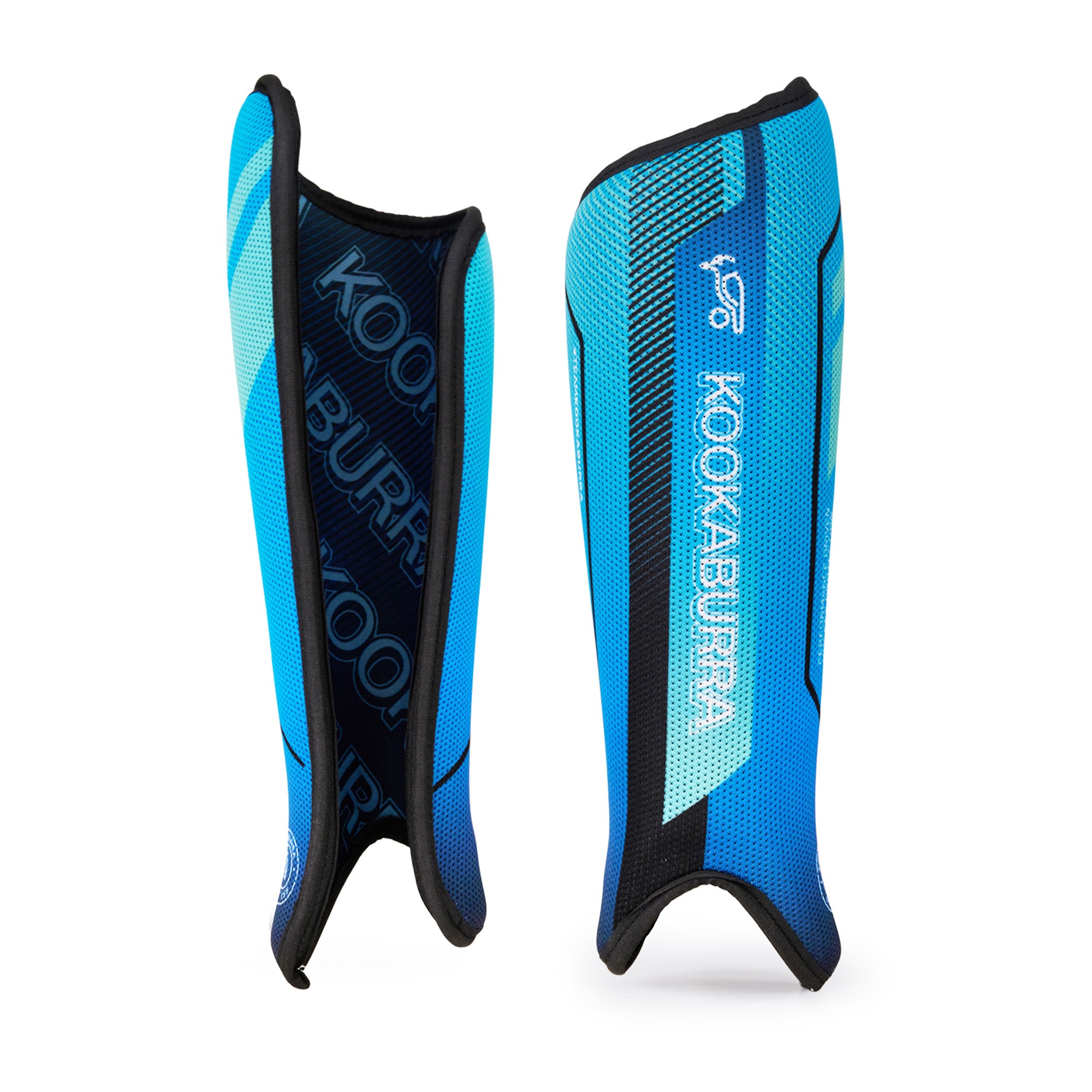 Two Kookaburra Convert Shinguards in Azure/Mint, shown side by side—one features the front design with sublimated fabric and logo, while the other displays the inner lining and Kookaburra branding.