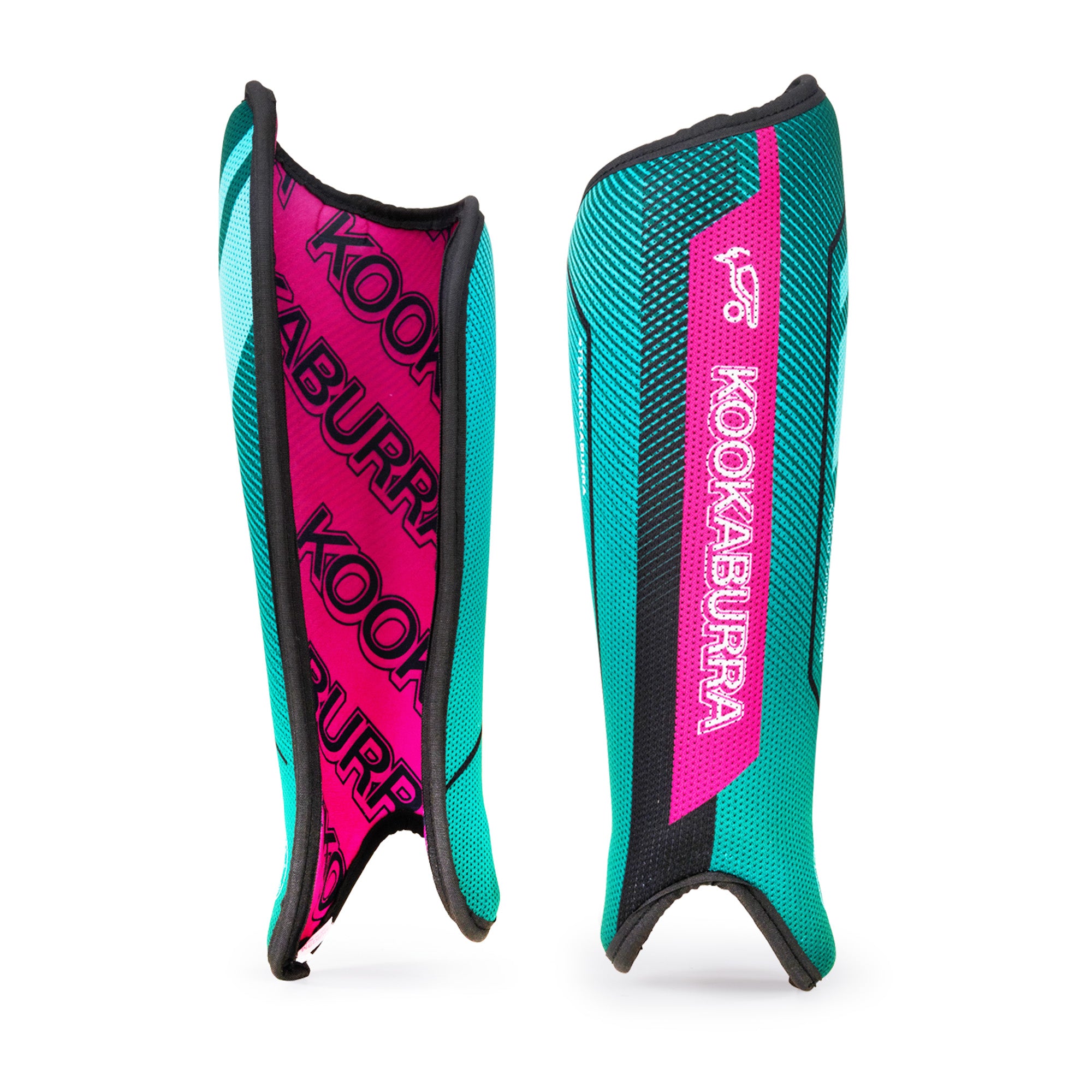 A pair of Kookaburra Convert Shinguards by Kookaburra in Marine/Pink, featuring ergonomic PVC with foam backing for comfort. One shows the logoed exterior, the other reveals the pink interior with black accents.