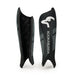 The Kookaburra Convert Shinguards 2026 are black shin guards with a white logo, curved ergonomic PVC design, textured pattern, and comfortable foam backing, shown standing upright against a white background.