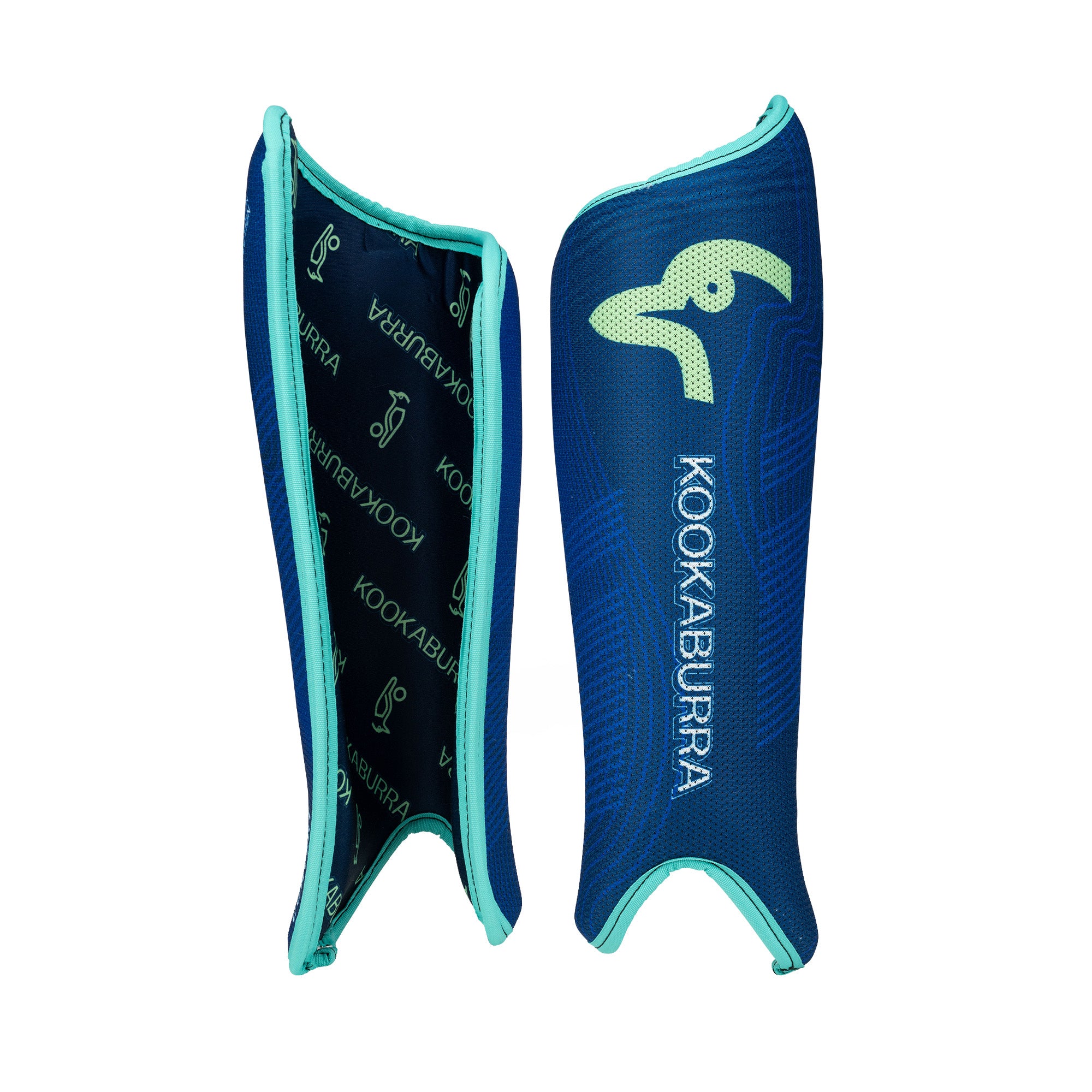 The Kookaburra Convert Shinguards 2026 feature an Azure/Mint design with the Kookaburra logo on one guard and a patterned interior of repeated logos and text, plus foam backing for comfort and protection.