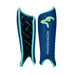 The Kookaburra Convert Shinguards 2026 feature an Azure/Mint design with the Kookaburra logo on one guard and a patterned interior of repeated logos and text, plus foam backing for comfort and protection.