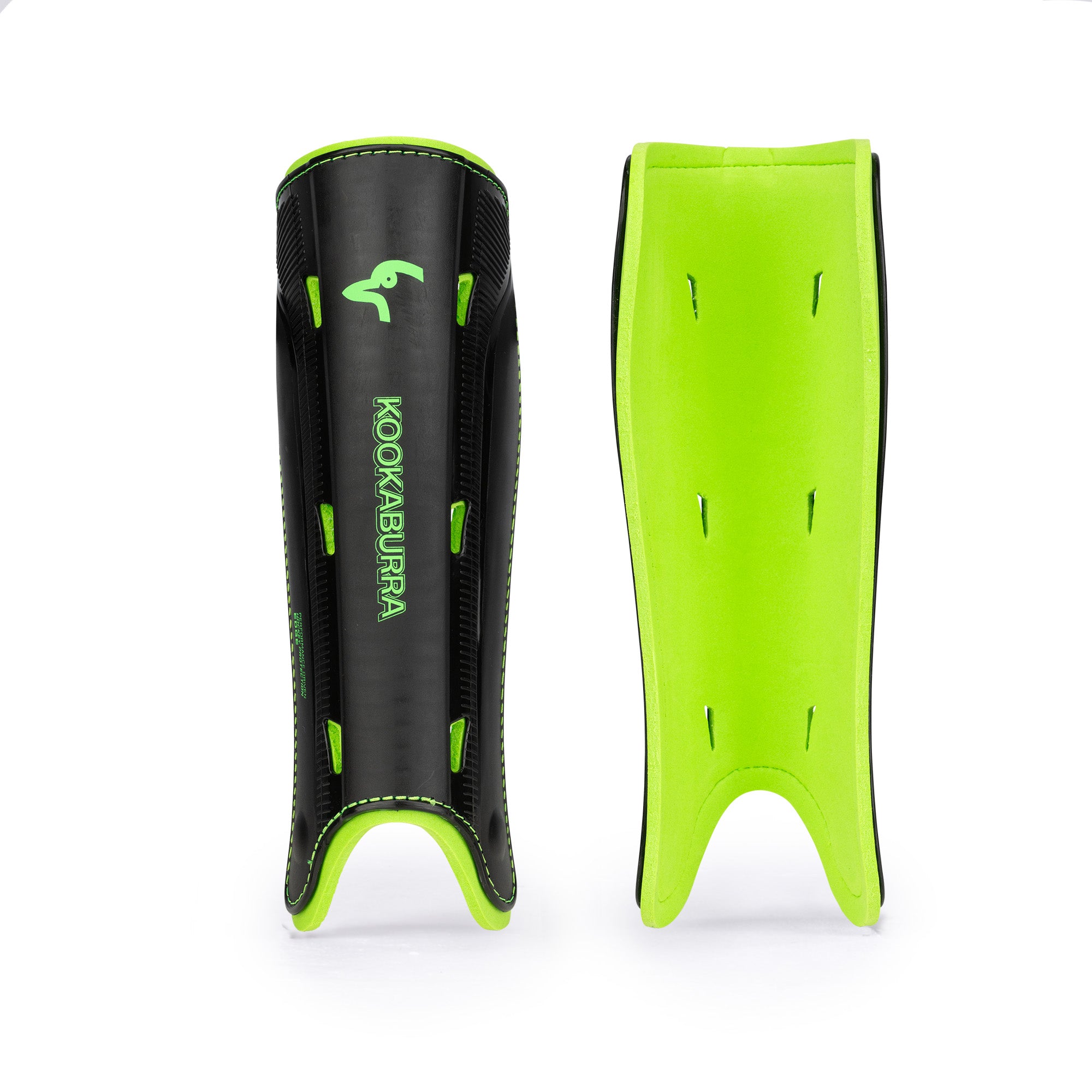 Two Kookaburra Edge Shinguard 2026 in Black/Lime are shown upright on a white background—one displays the branded front, the other reveals its plain padded foam backing, ideal for entry-level protection.