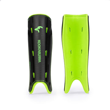 Two Kookaburra Edge Shinguard 2026 in Black/Lime are shown upright on a white background—one displays the branded front, the other reveals its plain padded foam backing, ideal for entry-level protection.