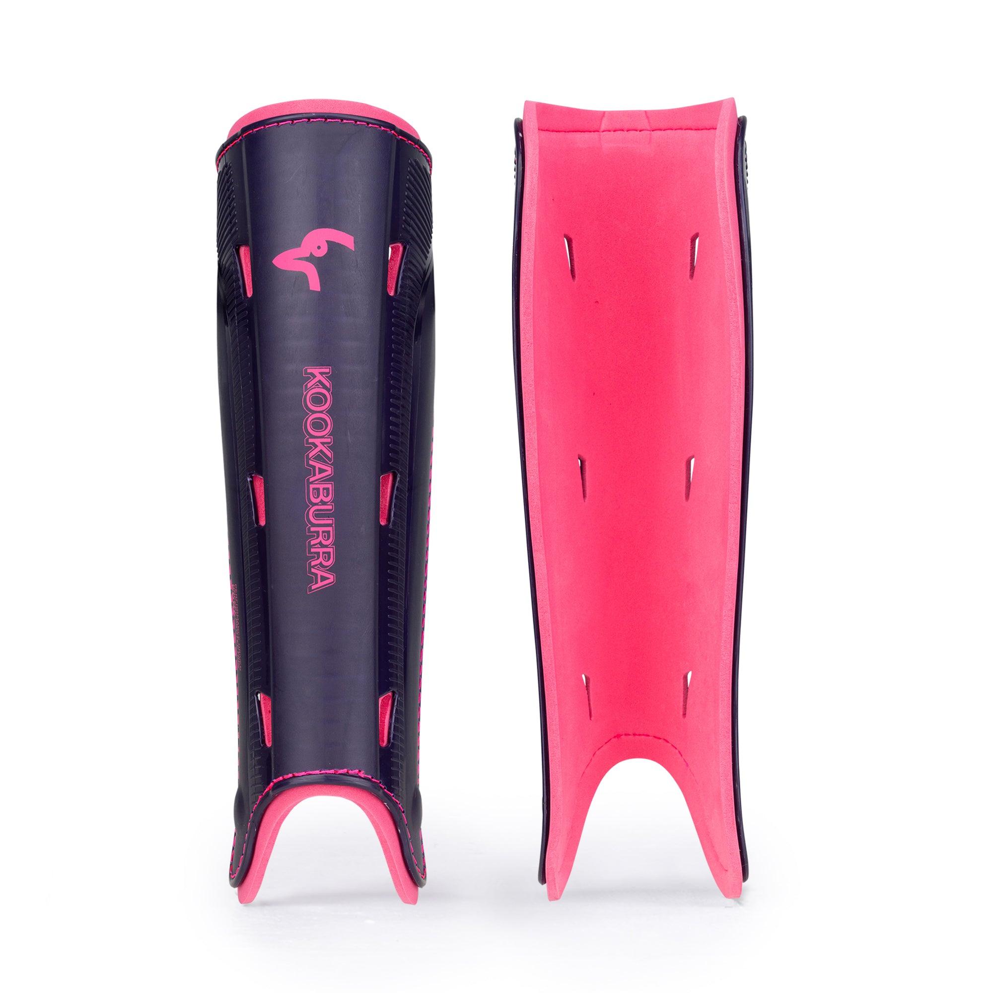 Two purple and pink Kookaburra Edge Shinguard 2026 shin guards are shown: one displays the front with the Kookaburra logo and branding, while the other shows the plain pink foam backing inside.