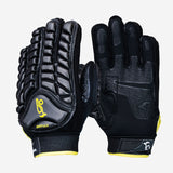 The Kookaburra Siege Hockey Glove by Kookaburra features black protective sports design with padded knuckles and fingers, high-density foam, yellow accents, and textured palms for superior stick grip, shown on a white background.