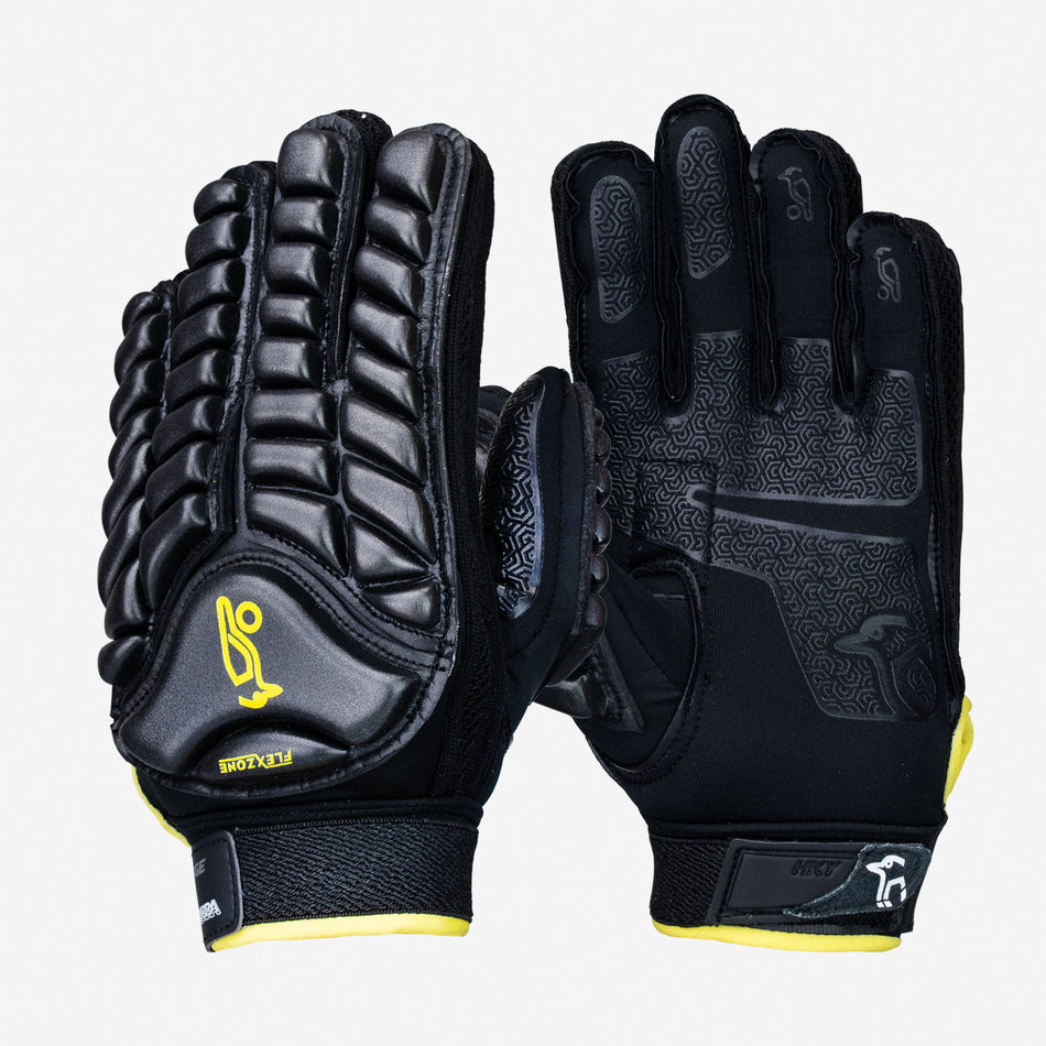 The Kookaburra Siege Hockey Glove by Kookaburra features black protective sports design with padded knuckles and fingers, high-density foam, yellow accents, and textured palms for superior stick grip, shown on a white background.